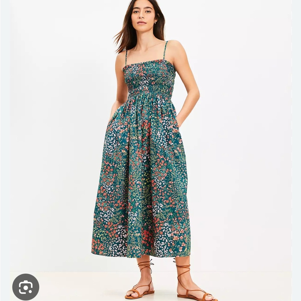 LOFT Green Floral Smocked Midi Dress